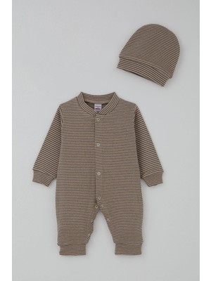Breeze Erkek Bebek Tulum Çizgili Çıtçıtlı 0-9 Ay, Vizon