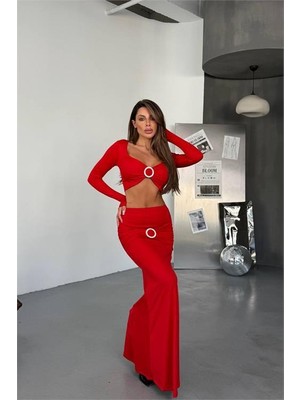 Dip Moda Kadın Kemer Detaylı Drapeli Uzun Etek Bluz Takım DPDF171