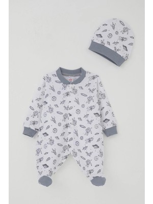 Breeze Erkek Bebek Patikli Tulum Uzay Temalı Minik Astronat Desenli 0-6 Ay, Beyaz