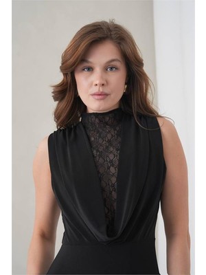 Dip Moda Dipmoda Kadın Siyah Dantelli Yaka Detaylı Abiye Elbise DPS9385