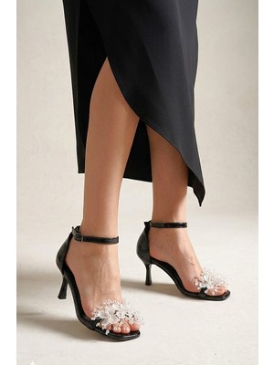 Gökhan Talay Bijou Esnek Yumuşak Kaymaz Taban (4 Cm) Siyah Rugan El Yapımı Şeffaf Yaprak Detaylı Kadın Topuklu Ayakkabı