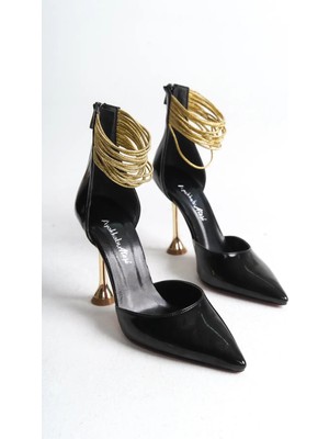 Ayakkabı Ateşi Kadın Gold Biyeli Topuklu Ayakkabı Nicera Siyah Rugan