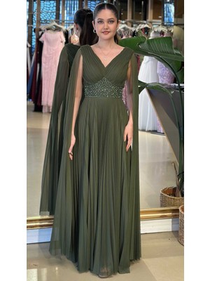 Abiyeniall Olive V Yaka  Pelerin Kloş Etekli Şifon Uzun Abiye Elbise 11108-11