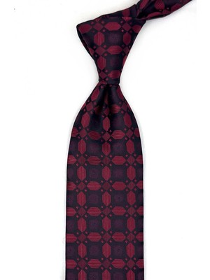 Kravatkolik Siyah - Kırmızı Motif Desen Mendilli Klasik Kravat KK13601