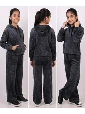HaanBebe Kız Çocuk Antrasit Batik Desenli Kadife Eşofman Takımı - Kapüşonlu Sweatshirt ve Geniş Paça Pantolon