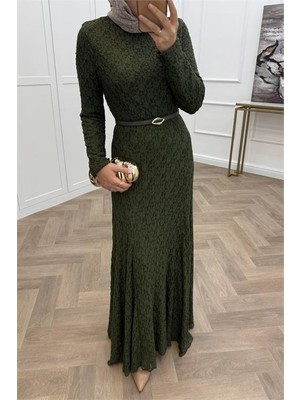 Dip Moda Dipmoda Kadın Yeşil Dantel Kumaş Maxi Boy Tesettür Elbise