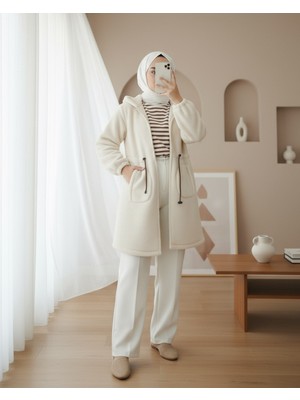 Moda Morfo Beli Lastikli Kapşonlu Fermuarlı Peluş Mont -Ekru