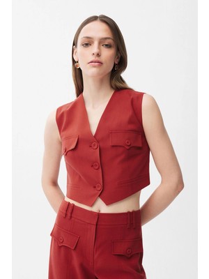 adL V Yaka Cep Detaylı Yelek Kiremit 17946476000