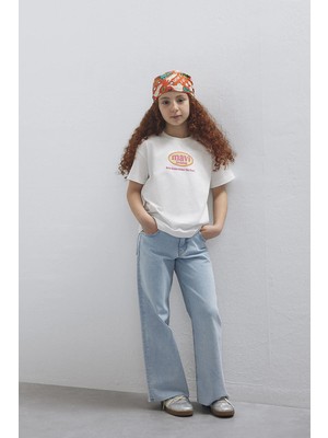 Mavi Baskılı % 100 Pamuk Bisiklet Yaka T Shirt Kız Çocuk T Shirt 7610391