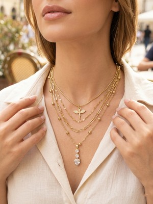 Museum Of You 4'lü Çoklu Zincir Kombin Kolye - Altın Kaplama Melek ve Zirkon Taşlı Kalp Uçlu Kolye Seti