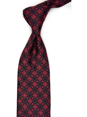 Kravatkolik Siyah - Kırmızı Motif Desen Mendilli Klasik Kravat KK13444