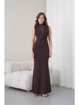 Dip Moda Kadın Kahverengi Dantelli Yaka Detaylı Abiye Elbise DPS9385
