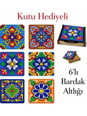 Atölye Smyrna 6'lı Bardak Altlığı Seti, Kutu Hediyeli, Dekoratif Sunumluk, Ahşap Bardak Altlığı, Çiçek Desen 2