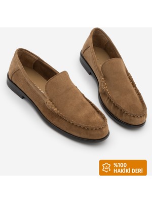 Marjin Kadın Hakiki Deri Makosen Dikişli Loafer Günlük Ayakkabı Elsan Camel Süet