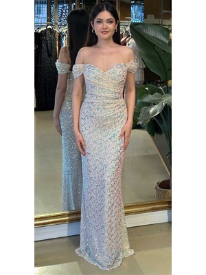 Abiyeniall Krem Madonna Yaka Düz Kesim Likralı Payet Uzun Abiye Elbise 11085-12