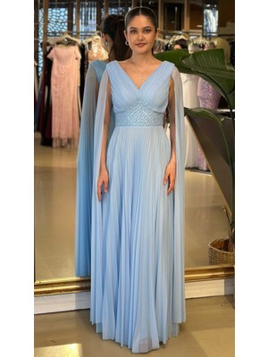 Abiyeniall Mavi V Yaka Pelerin Kloş Etekli  Şifon Uzun Abiye Elbise 11108-07