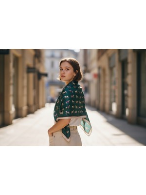 Mevi Atelier At Desenli Yeşil Renkli Fular 70 x 70