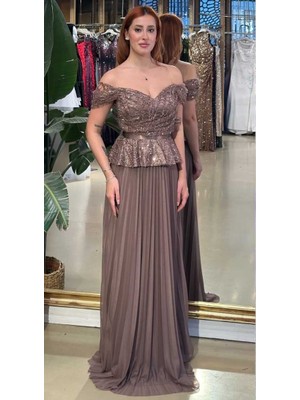 Abiyeniall Bakır Madonna Yaka Düşük Kollu Boncuk Işlemeli Kloş Etekli Likralı Şifon Uzun Abiye Elbise 11211-01