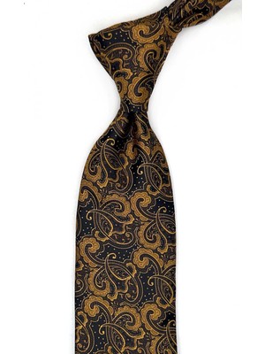 Kravatkolik Sarı - Siyah Şal Desen Mendilli Klasik Kravat KK13560
