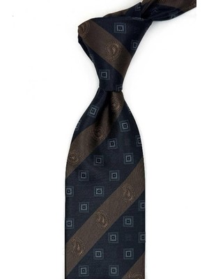 Kravatkolik Siyah - Kahve Çizgi Desen Mendilli Klasik Kravat KK13696