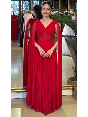 Abiyeniall Kırmızı V Yaka Pelerin Kloş Etekli  Şifon Uzun Abiye Elbise 11108-06