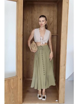 Dip Moda Kadın Bel Lastikli Düğmeli Etek DPNP010