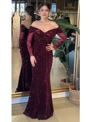 Abiyeniall Bordo Madonna Yaka Uzun Kollu Pul Payet Uzun Abiye Elbise 11202-02