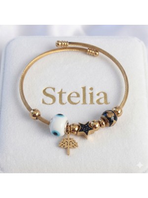 Stelia 316L Çelik Gold Renk Siyah Zirkon Taşlı Yıldız Tasarımlı Ağaç Detay Nazarlı Charm Bileklik