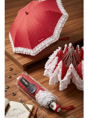 Vardem Puantiyeli Fırfırlı Bayan Şemsiye - Vintage Siyah Beyaz Retro Tasarım Yağmur Şemsiyesi