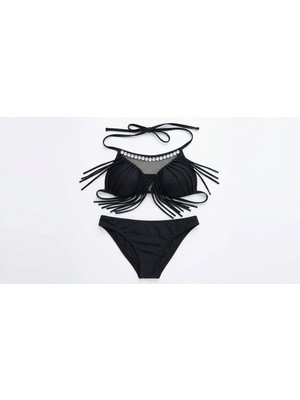 Zi Siyah Taşlı Püsküllü Dantel Detaylı Yarım Dolgulu Üçgen Bikini Takımı