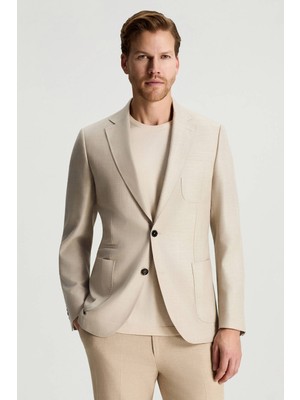 Hemington Merino Yün-Ipek-Keten Karışım Taş Rengi Blazer Ceket