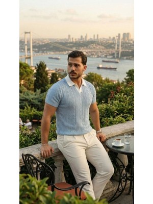 Erkek Desenli Kısa Kollu Triko Tişört - %100 Pamuk Akrilik