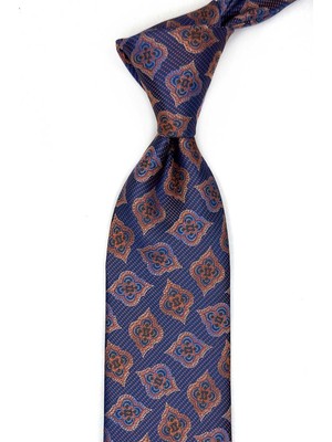 Kravatkolik Turuncu - Lacivert Motif Desen Mendilli Klasik Kravat KK13612