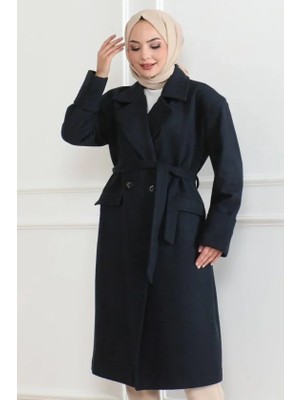 Kaşe Kaban Uzun Boy Kruvaze Yaka Kuşaklı Tesettür Kaşe Kaban Astarlı - Lacivert