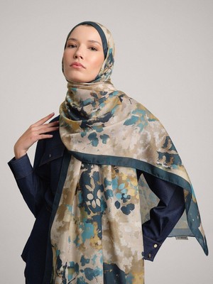 AYSHARA Tomurcuk Yaprak Desenli Tek Taraflı Şal - Petrol Yeşil