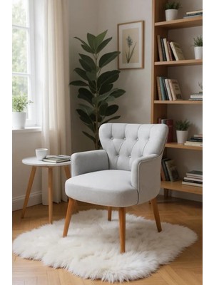 Waterybrook Tekli Berjer Koltuk - Kapitoneli Babyface Kumaş - Ceviz Ahşap Ayaklı -  Retro Modern Tasarım  - 14 Renk Seçeneği