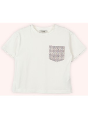 Panço Kız Çocuk Cep Detaylı Kısa Kollu Ekru Tişört