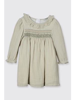 Panço Kız Bebek Gipe Detaylı Müslin Yeşil Elbise