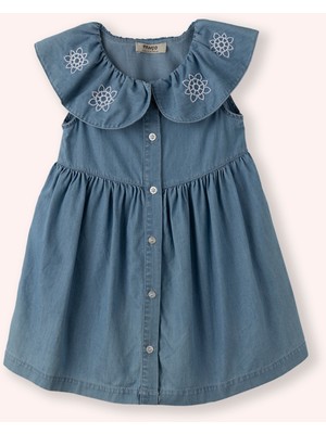 Panço Kız Bebek Geniş Yakalı Nakış Detaylı Mavi Elbise