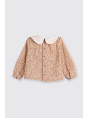 Panço Kız Bebek Pilise Yaka Detaylı Çiçek Desenli Kol Ucu Lastikli Pudra Bluz
