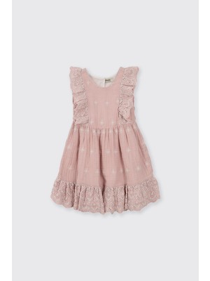 Panço Kız Bebek Nakışlı Müslin Pembe Elbise