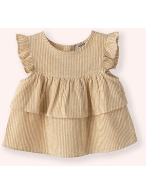 Panço Kız Bebek Bisiklet Yaka Kolu Fırfır Detaylı Çizgili Sarı Bluz