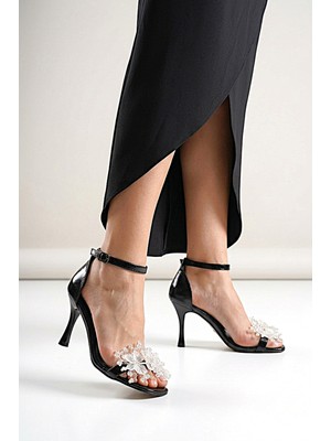 Fiore Ayakkabı Kallista Esnek Yumuşak Kaymaz Taban (8 Cm) Siyah Rugan El Yapımı Şeffaf Yaprak Detaylı Kadın Topuklu Ayakkabı