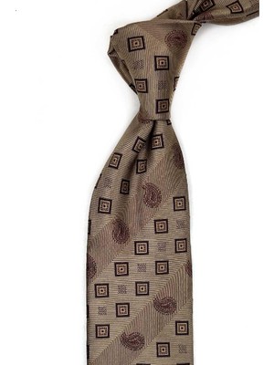 Kravatkolik Bej Çizgi Desen Mendilli Klasik Kravat KK13694