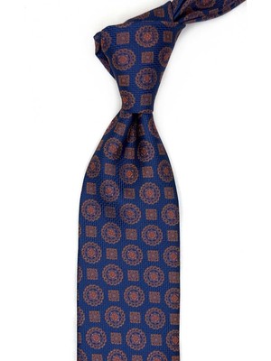 Kravatkolik Mavi - Turuncu Motif Desen Mendilli Klasik Kravat KK13531
