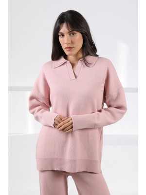 Ferraro Pembe Uzun Kollu Rahat Kesim Polo Yaka Kaşmirli Kadın Triko Kazak