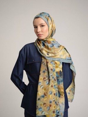 AYSHARA Nevbahar Çiçek Puan Desenli Çift Taraflı Şal - Sarı Turkuaz