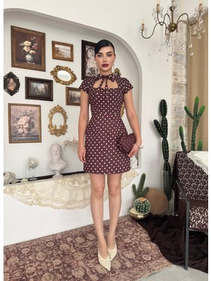 MBK Fashion Puantiyeli Fiyonk Detaylı Mini Elbise
