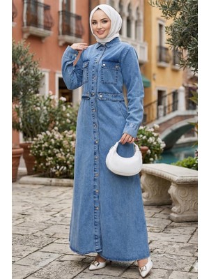 Hafsa Mina Düğmeli Denim Elbise Açık Mavi HM2897