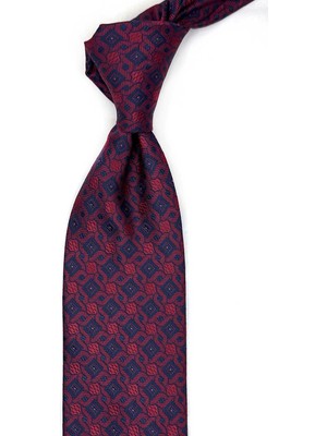 Kravatkolik Kırmızı - Lacivert Motif Desen Mendilli Klasik Kravat KK13440